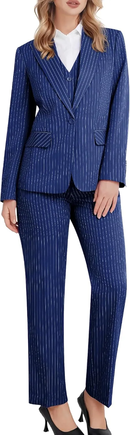 Women's 3 Piece Striped Suit One Button Slim Fit Business Work Professional Blazer Jacket Vest Pants Set