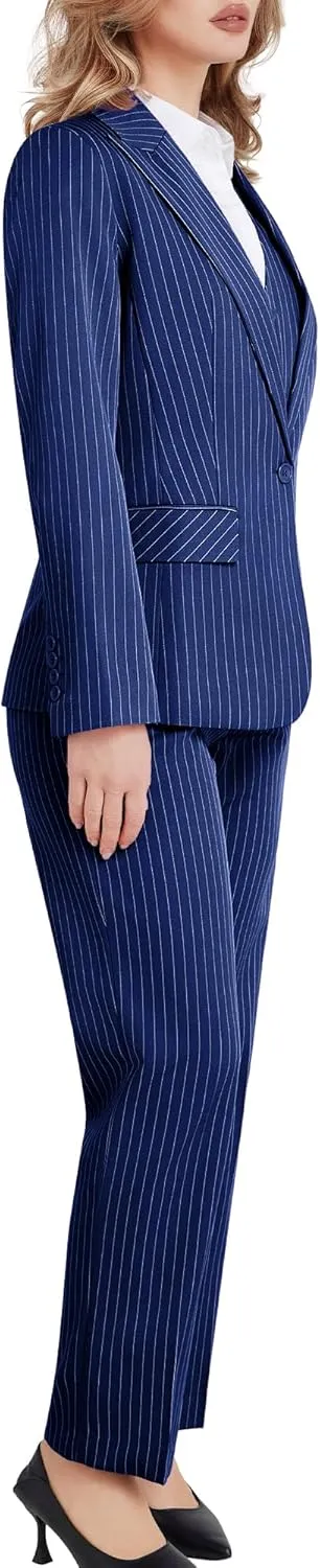 Women's 3 Piece Striped Suit One Button Slim Fit Business Work Professional Blazer Jacket Vest Pants Set