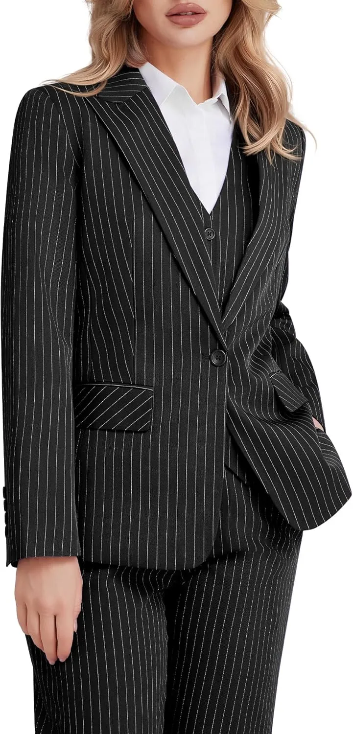 Women's 3 Piece Striped Suit One Button Slim Fit Business Work Professional Blazer Jacket Vest Pants Set