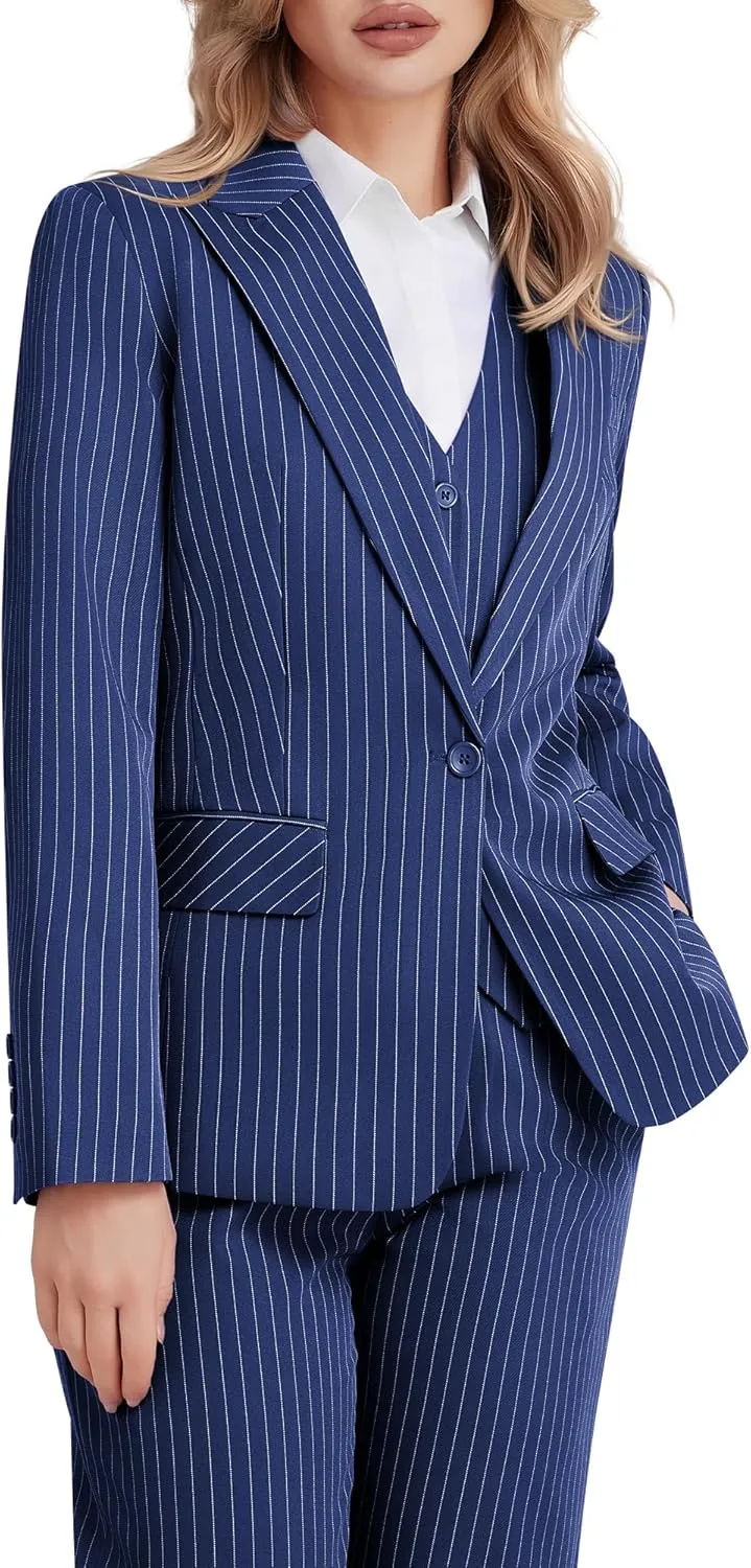 Women's 3 Piece Striped Suit One Button Slim Fit Business Work Professional Blazer Jacket Vest Pants Set