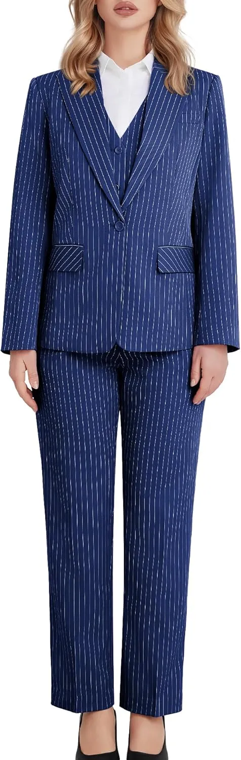 Women's 3 Piece Striped Suit One Button Slim Fit Business Work Professional Blazer Jacket Vest Pants Set