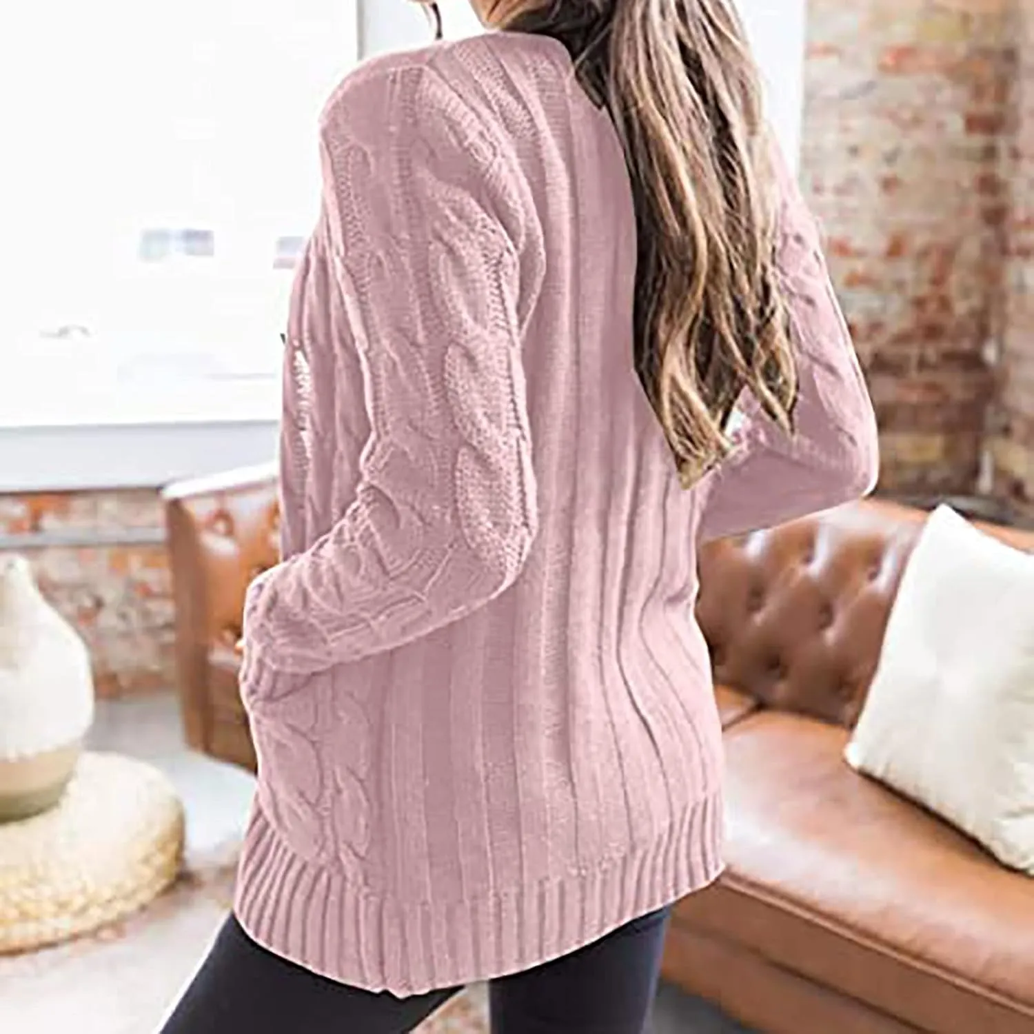 Womens Cable Knit Cotton Cardigan Sweaters Button V Neck Open Front Midi Sweater Jacket Winter Chunky Sweater Coat