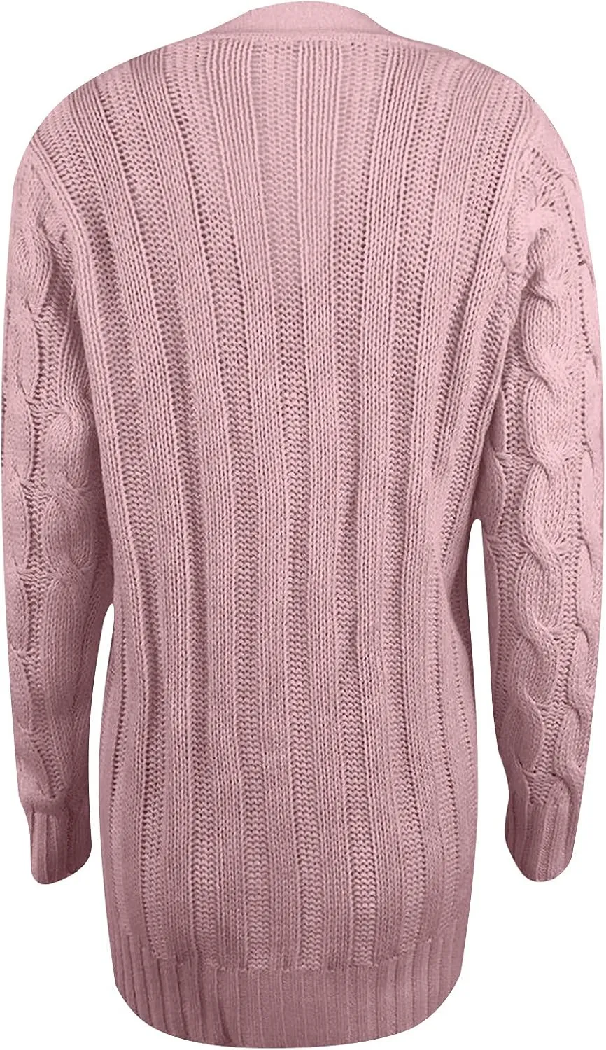 Womens Cable Knit Cotton Cardigan Sweaters Button V Neck Open Front Midi Sweater Jacket Winter Chunky Sweater Coat