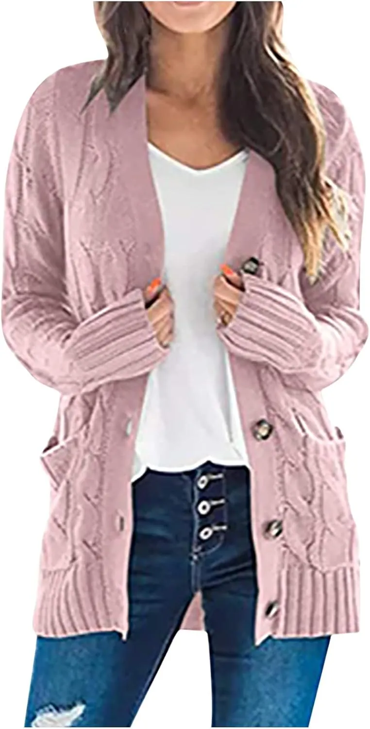 Womens Cable Knit Cotton Cardigan Sweaters Button V Neck Open Front Midi Sweater Jacket Winter Chunky Sweater Coat