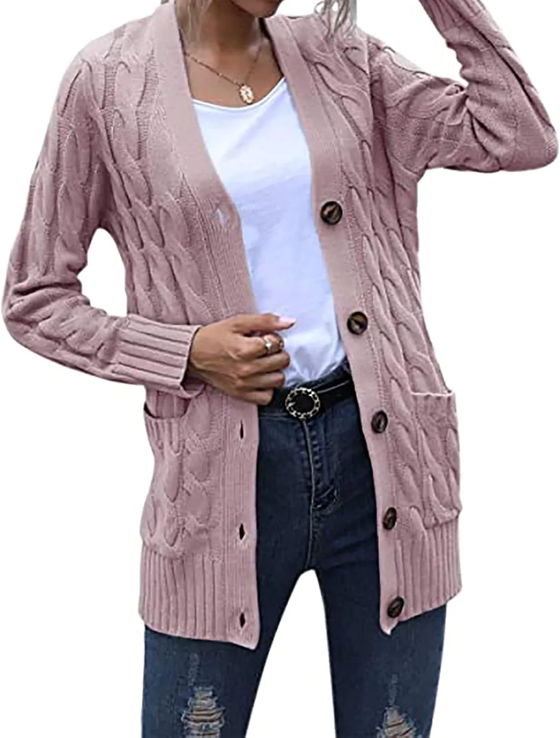 Womens Cable Knit Cotton Cardigan Sweaters Button V Neck Open Front Midi Sweater Jacket Winter Chunky Sweater Coat