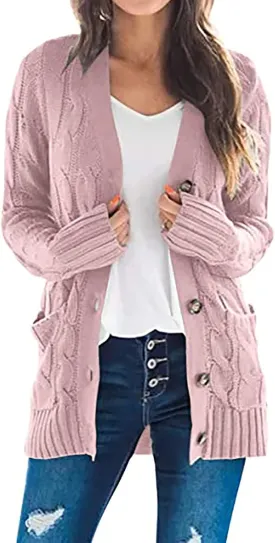 Womens Cable Knit Cotton Cardigan Sweaters Button V Neck Open Front Midi Sweater Jacket Winter Chunky Sweater Coat
