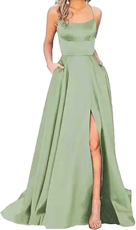 Women's Elegant Long Prom Dresses with Pockets Satin Halter Spaghetti Strap Wedding Dress Gowns