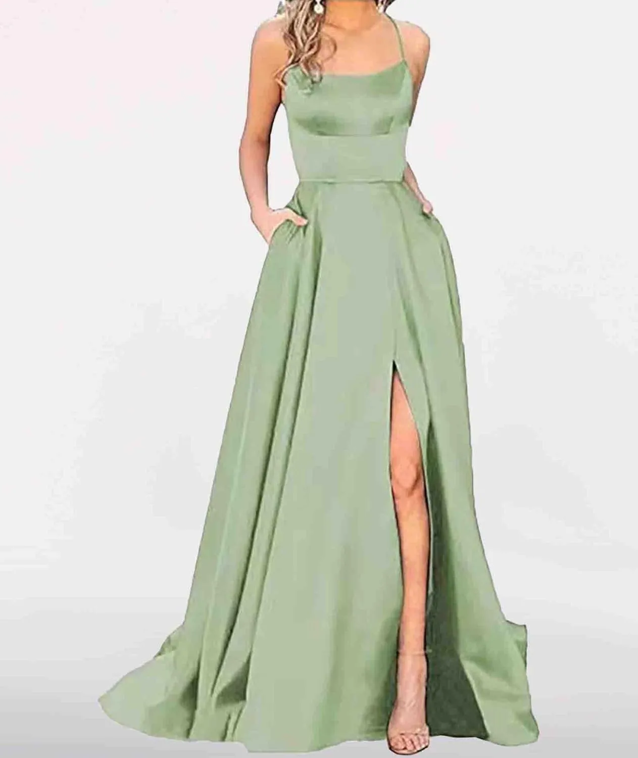 Women's Elegant Long Prom Dresses with Pockets Satin Halter Spaghetti Strap Wedding Dress Gowns