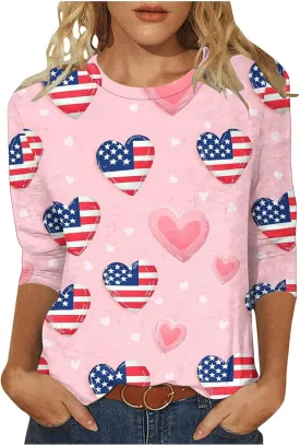 Women's Fashion 2025 Patriotic American Flag Print T-Shirt Casual Short Sleeve Tunics Tops Trendy Blouses Loose Fit Tees