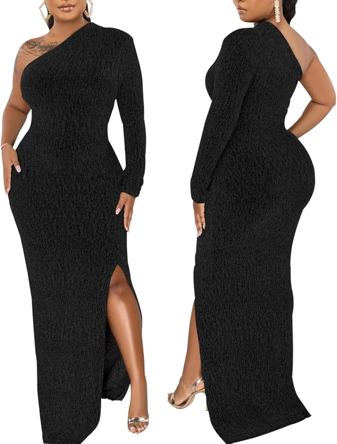 Women's Formal Evening Gowns Elegant Sparkly One Shoulder Maxi Dresses Sexy Long Sleeve High Split Party Long Dress
