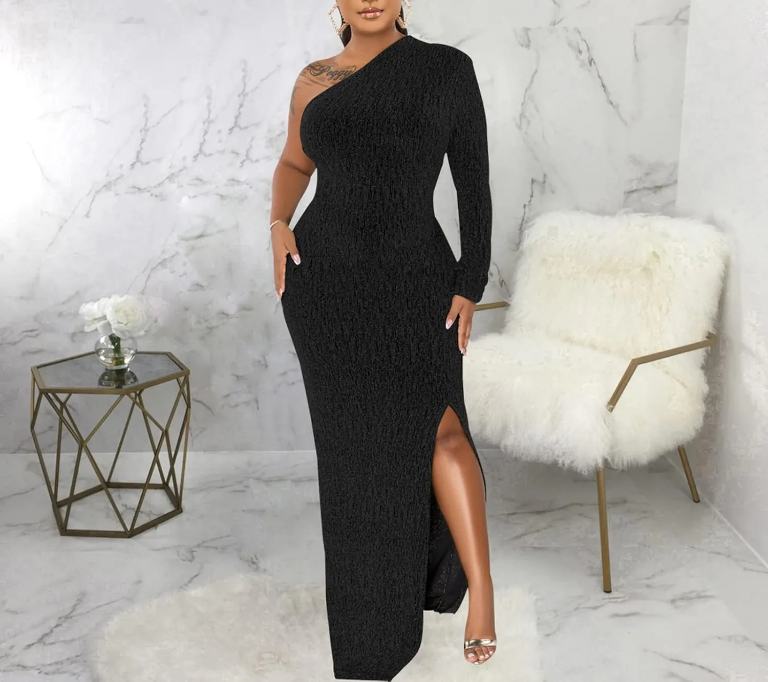 Women's Formal Evening Gowns Elegant Sparkly One Shoulder Maxi Dresses Sexy Long Sleeve High Split Party Long Dress