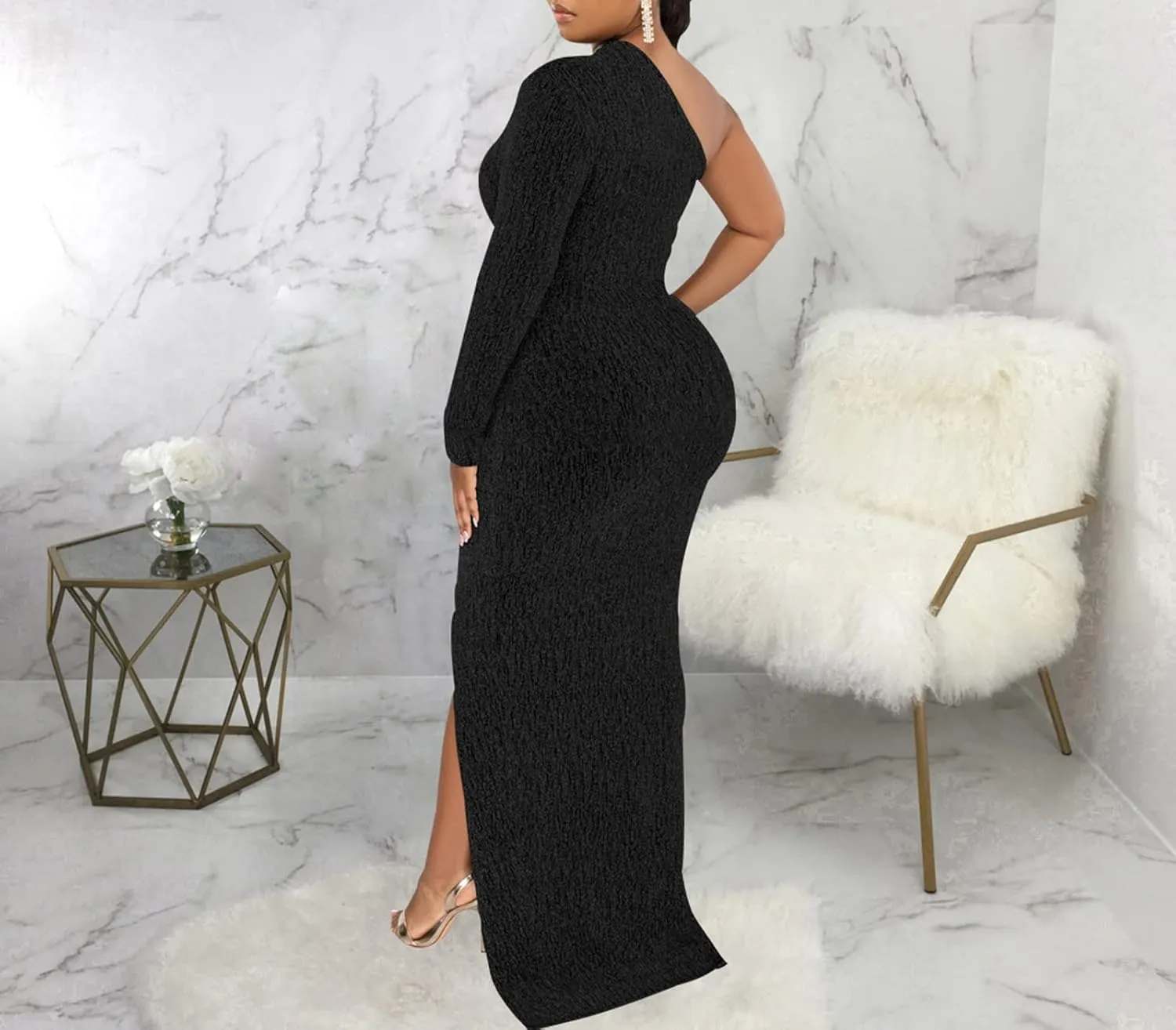 Women's Formal Evening Gowns Elegant Sparkly One Shoulder Maxi Dresses Sexy Long Sleeve High Split Party Long Dress