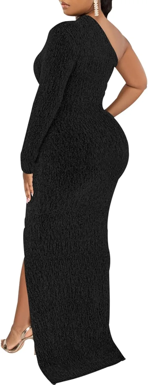 Women's Formal Evening Gowns Elegant Sparkly One Shoulder Maxi Dresses Sexy Long Sleeve High Split Party Long Dress