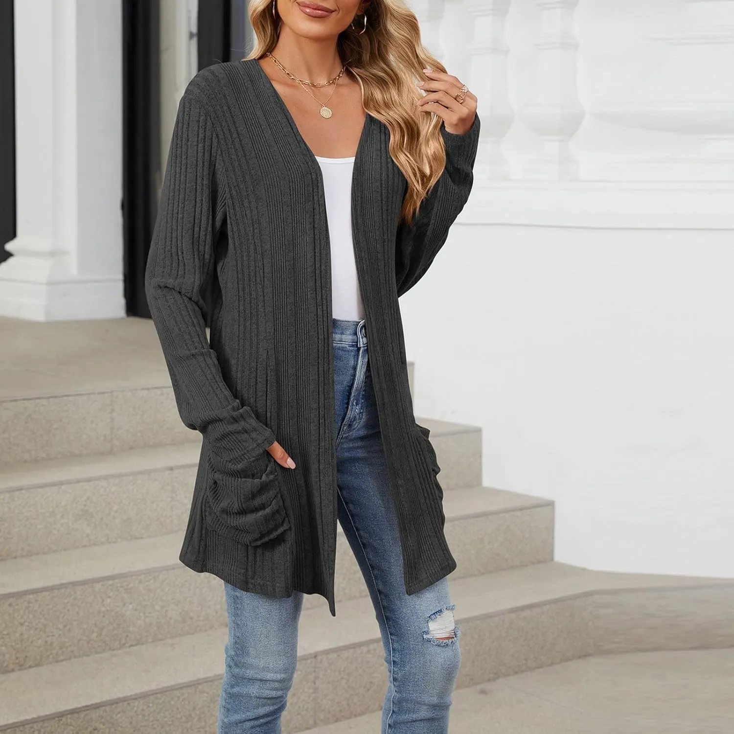 Womens Open Front Cardigan Lightweight Casual Long Sleeve Knit Sweaters Solid Color Outwear Fall Loungewear