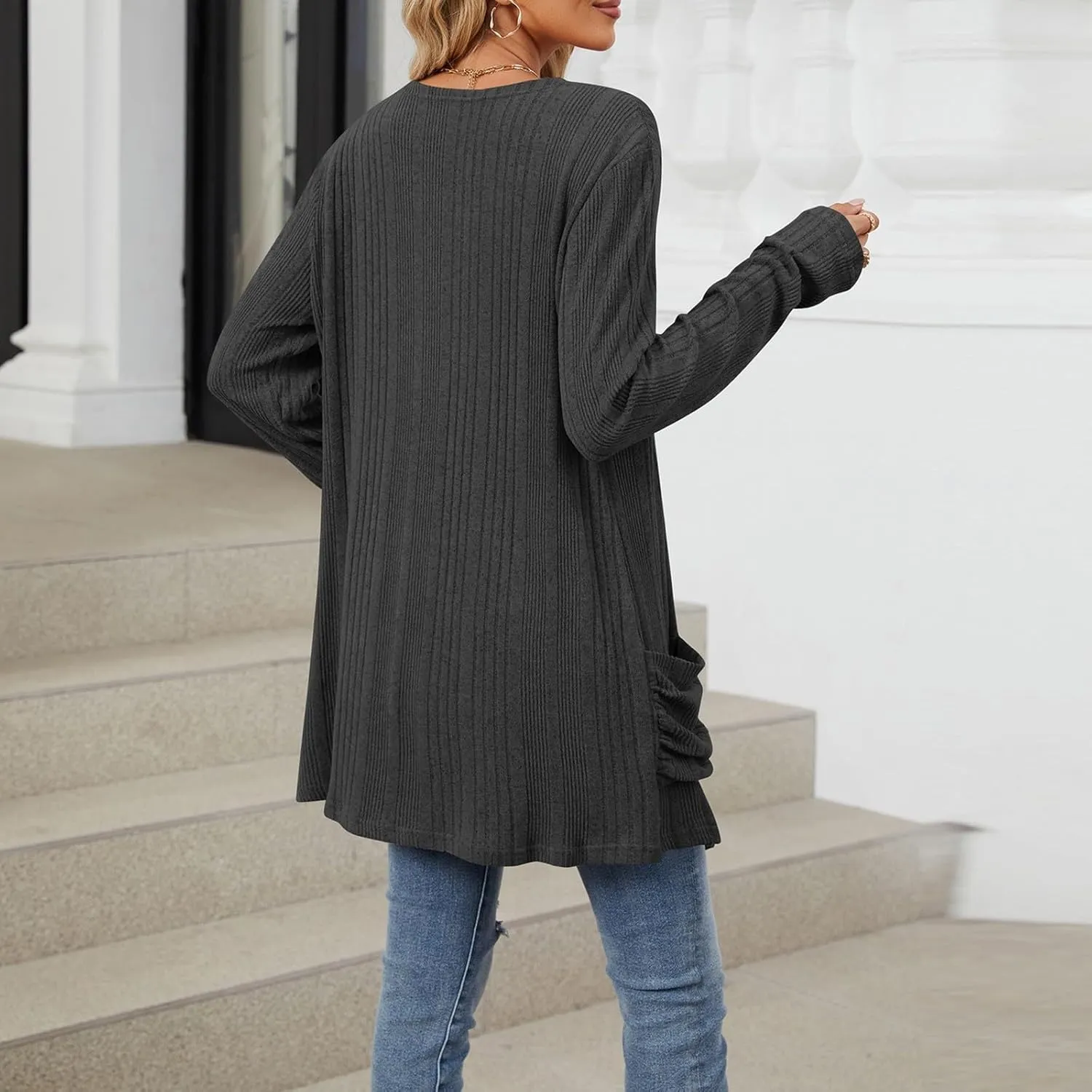 Womens Open Front Cardigan Lightweight Casual Long Sleeve Knit Sweaters Solid Color Outwear Fall Loungewear