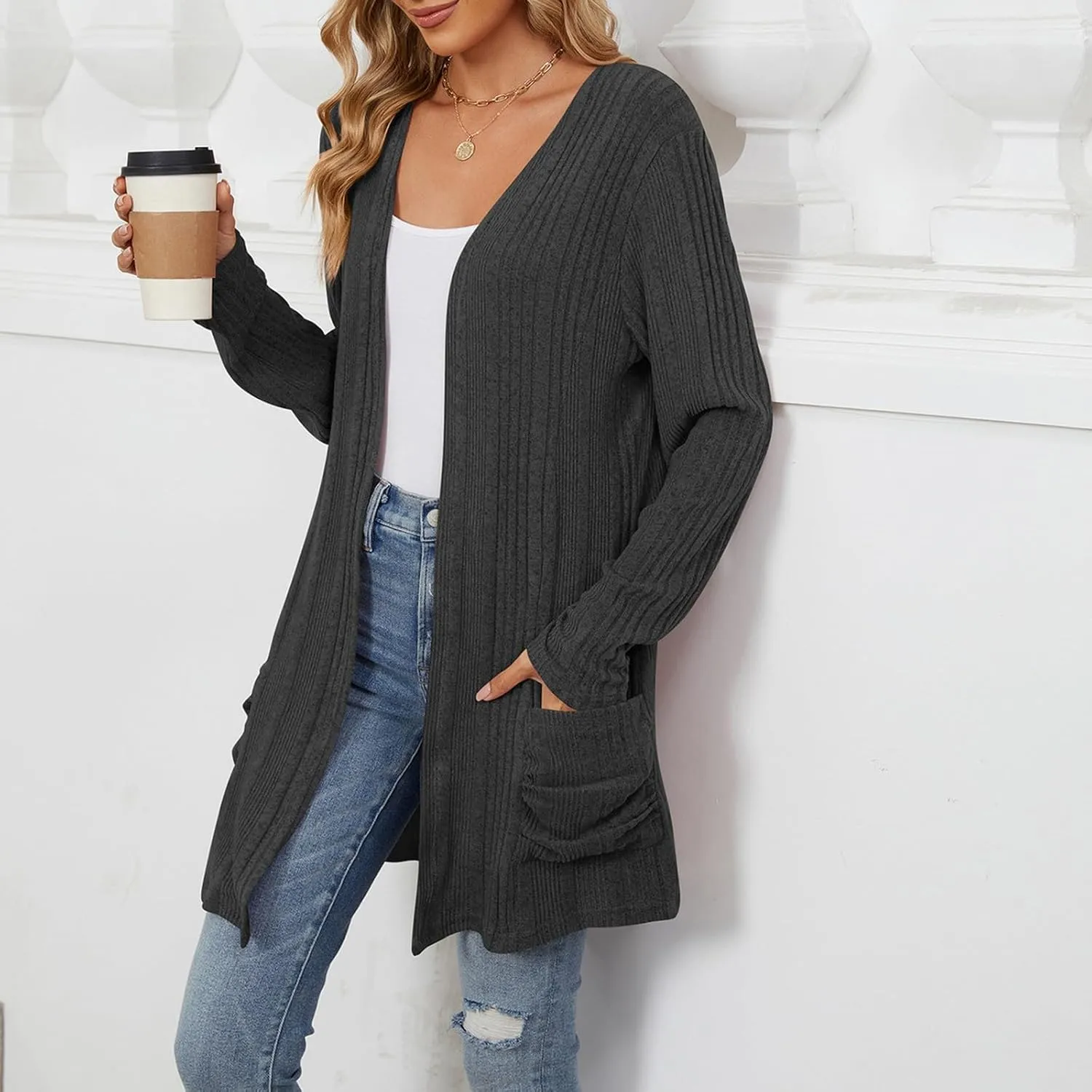 Womens Open Front Cardigan Lightweight Casual Long Sleeve Knit Sweaters Solid Color Outwear Fall Loungewear