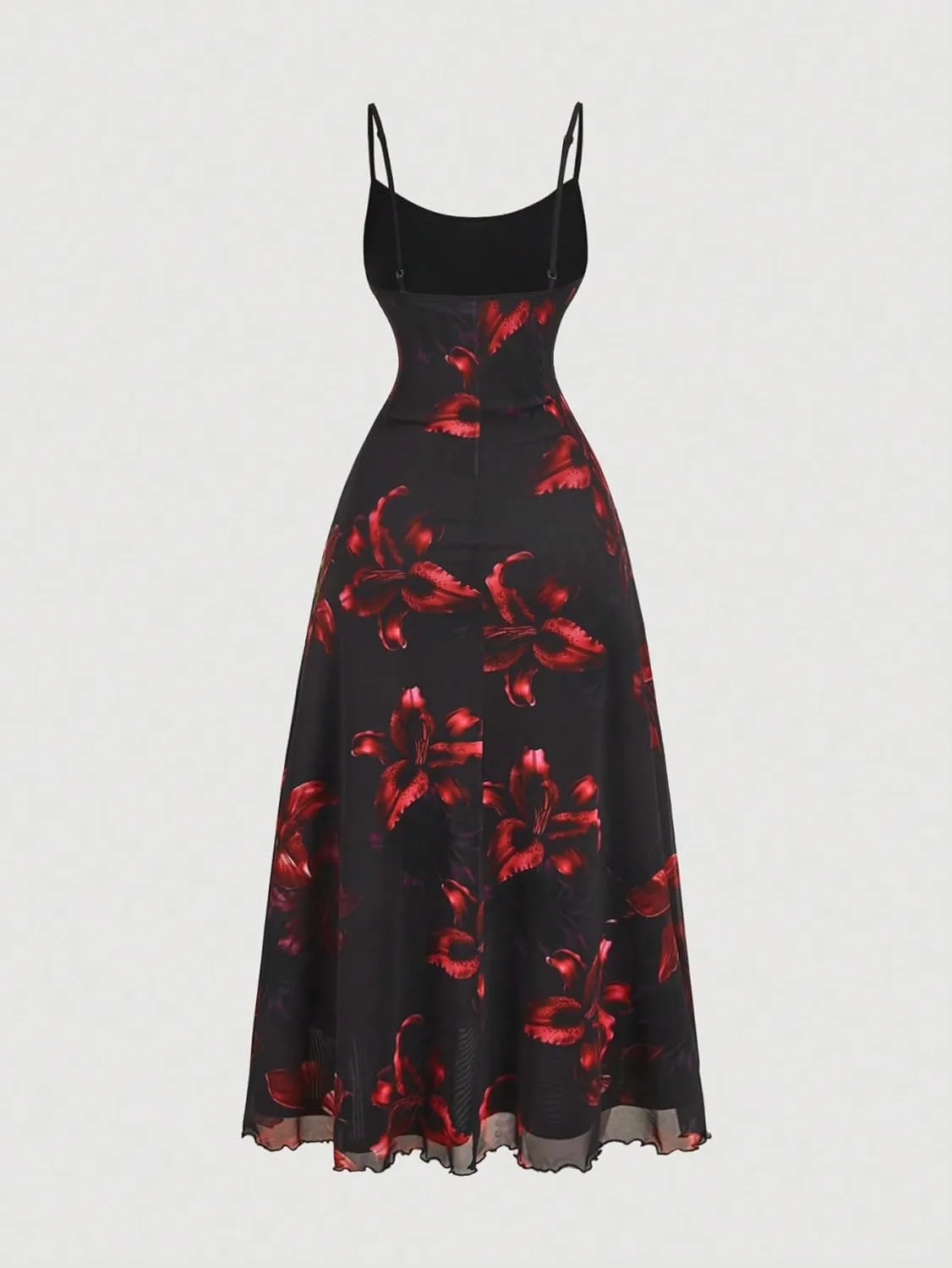 Women's Plus Size Floral Cami Dress Mesh Ruched Vintage Ruffle Hem Flared Long Maxi Dresses