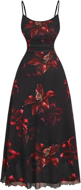 Women's Plus Size Floral Cami Dress Mesh Ruched Vintage Ruffle Hem Flared Long Maxi Dresses