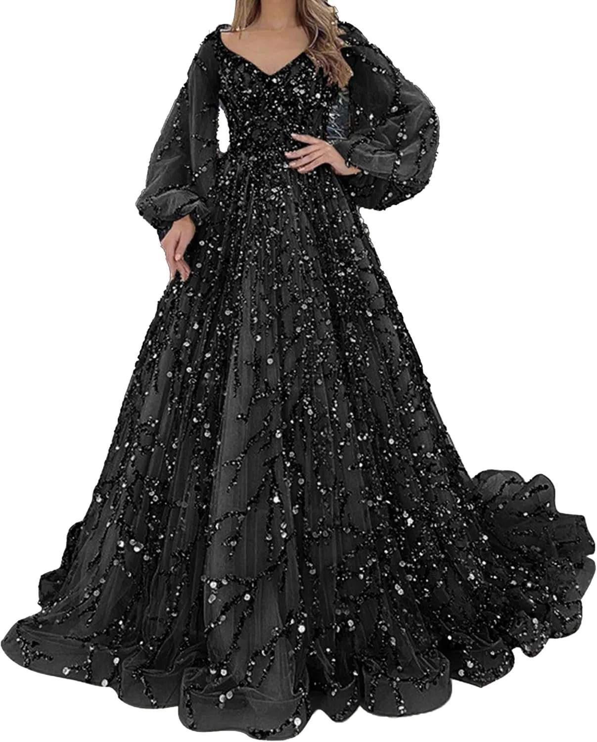 Women's Puffy Sleeve Prom Dress Tulle Ball Gown Slit Formal Evening Gowns Long Sleeve Wedding Dresses