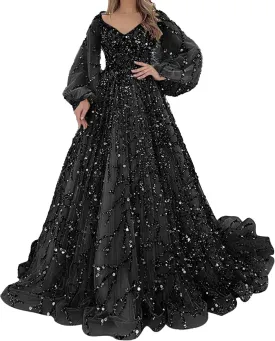 Women's Puffy Sleeve Prom Dress Tulle Ball Gown Slit Formal Evening Gowns Long Sleeve Wedding Dresses