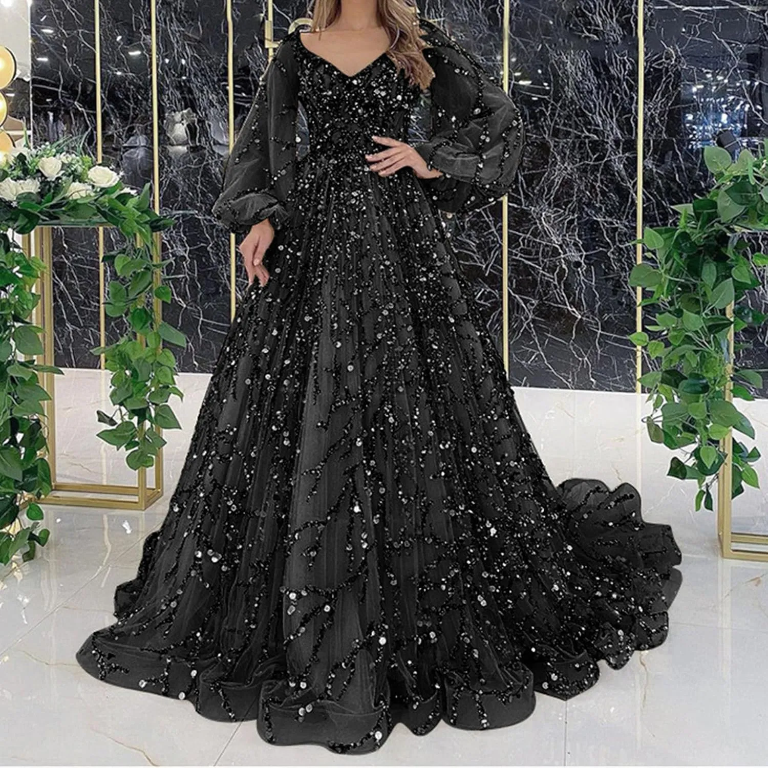 Women's Puffy Sleeve Prom Dress Tulle Ball Gown Slit Formal Evening Gowns Long Sleeve Wedding Dresses