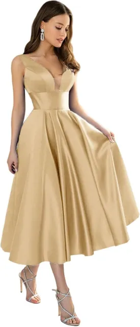 Women's Satin Bridesmaid Dresses Short Tea Length Formal Gowns V-Neck A-line Evening Dress with Pockets