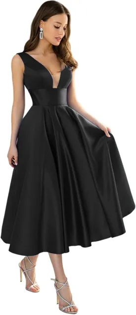 Women's Satin Bridesmaid Dresses Short Tea Length Formal Gowns V-Neck A-line Evening Dress with Pockets