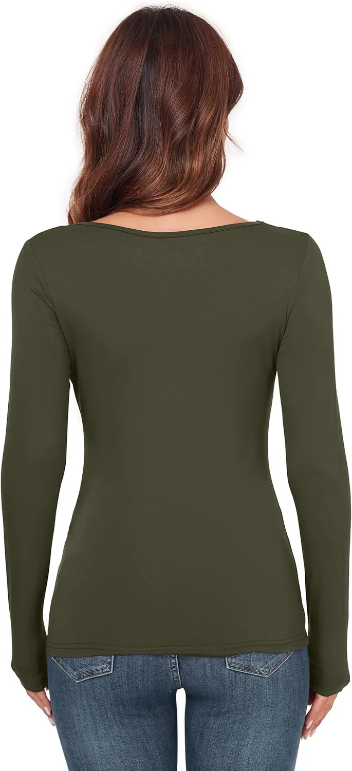 Women's Scoop Neck Tops Long Sleeve Slim Fit T Shirt Thermal Blouse Basic Layer Shirts