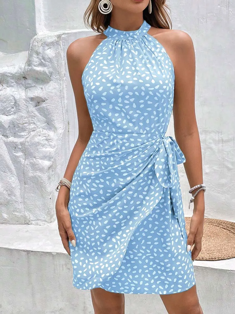 Women's Summer Dress Dot Print Halter Neck Tie Waist Casual Zipper Back Sundress Vacation Beach