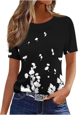 Womens Summer Tops 2025 Crew Neck Short Sleeve T Shirts Dressy Casual Blouses Cute Printed Tees Loose Trendy Outfits