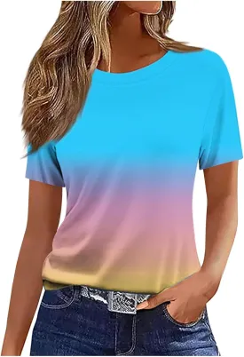Womens Summer Tops 2025 Crew Neck Short Sleeve T Shirts Dressy Casual Blouses Cute Printed Tees Loose Trendy Outfits