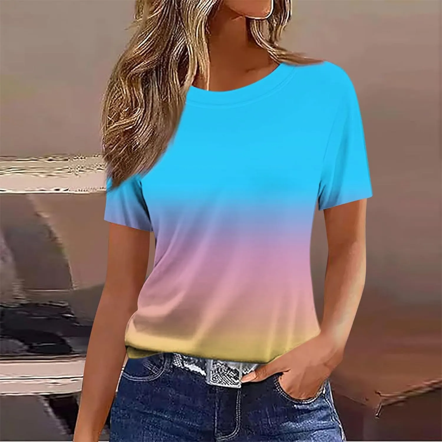 Womens Summer Tops 2025 Crew Neck Short Sleeve T Shirts Dressy Casual Blouses Cute Printed Tees Loose Trendy Outfits