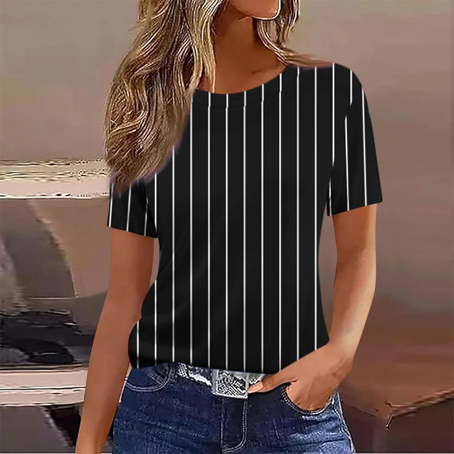 Womens Summer Tops 2025 Crew Neck Short Sleeve T Shirts Dressy Casual Blouses Cute Printed Tees Loose Trendy Outfits