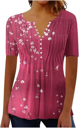 Womens Summer Tops Dressy Casual Short Sleeve Button V Neck T Shirts Trendy Boho Floral Tunic Blouses Cute Flowy Tees