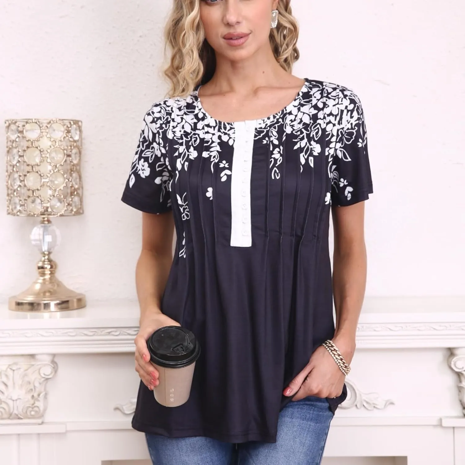 Womens Summer Tops Dressy Casual Short Sleeve Button V Neck T Shirts Trendy Boho Floral Tunic Blouses Cute Flowy Tees