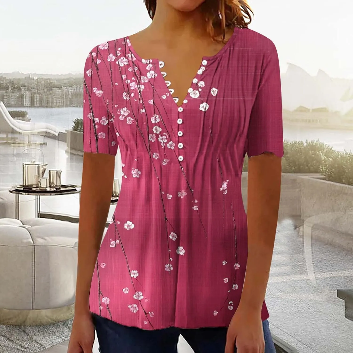 Womens Summer Tops Dressy Casual Short Sleeve Button V Neck T Shirts Trendy Boho Floral Tunic Blouses Cute Flowy Tees