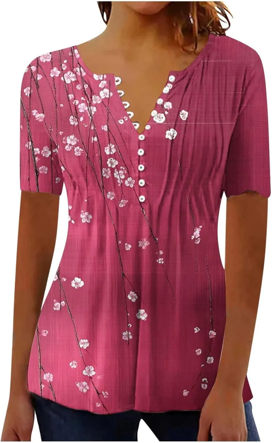 Womens Summer Tops Dressy Casual Short Sleeve Button V Neck T Shirts Trendy Boho Floral Tunic Blouses Cute Flowy Tees