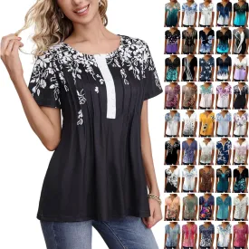 Womens Summer Tops Dressy Casual Short Sleeve Button V Neck T Shirts Trendy Boho Floral Tunic Blouses Cute Flowy Tees