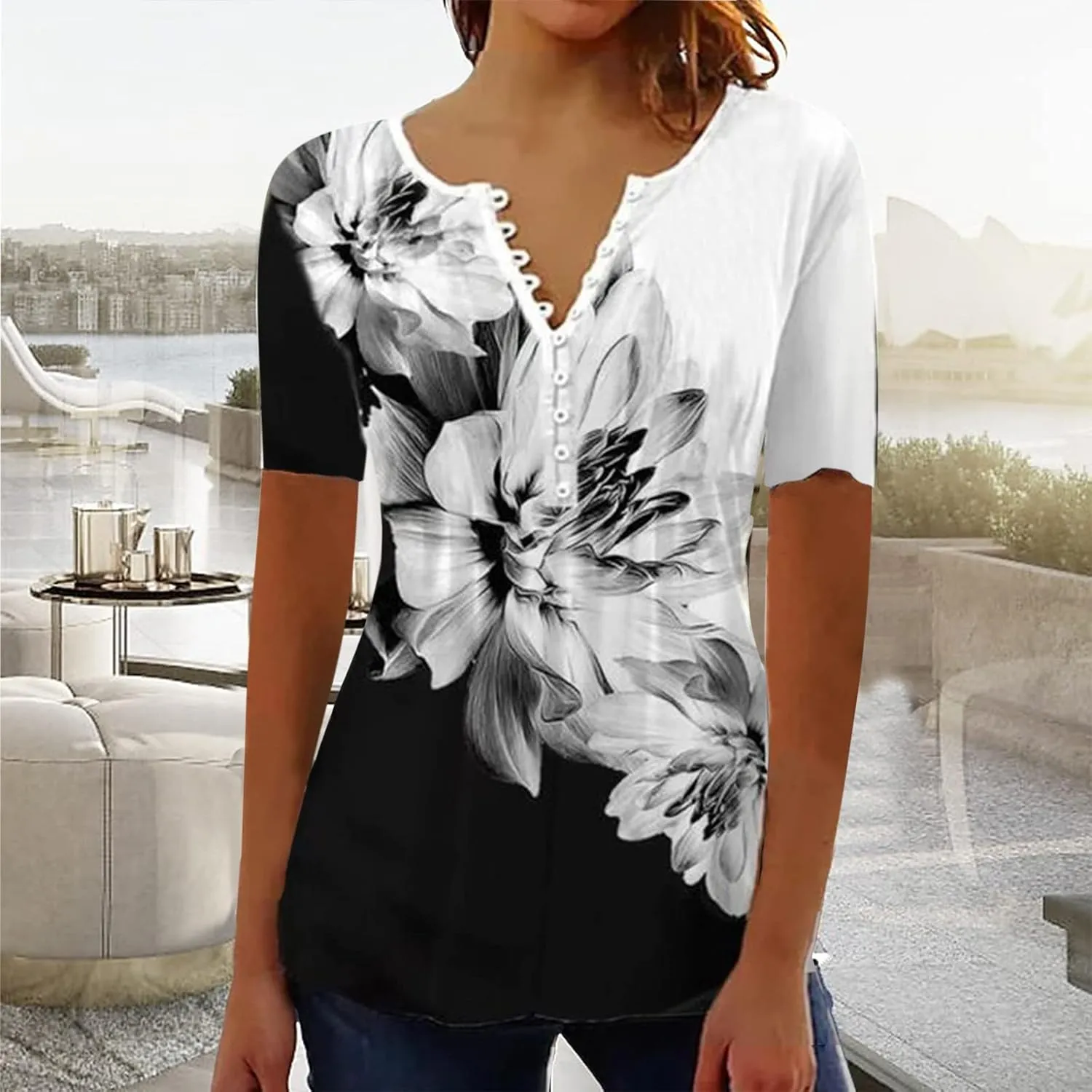 Womens Summer Tops Dressy Casual Short Sleeve Button V Neck T Shirts Trendy Boho Floral Tunic Blouses Cute Flowy Tees