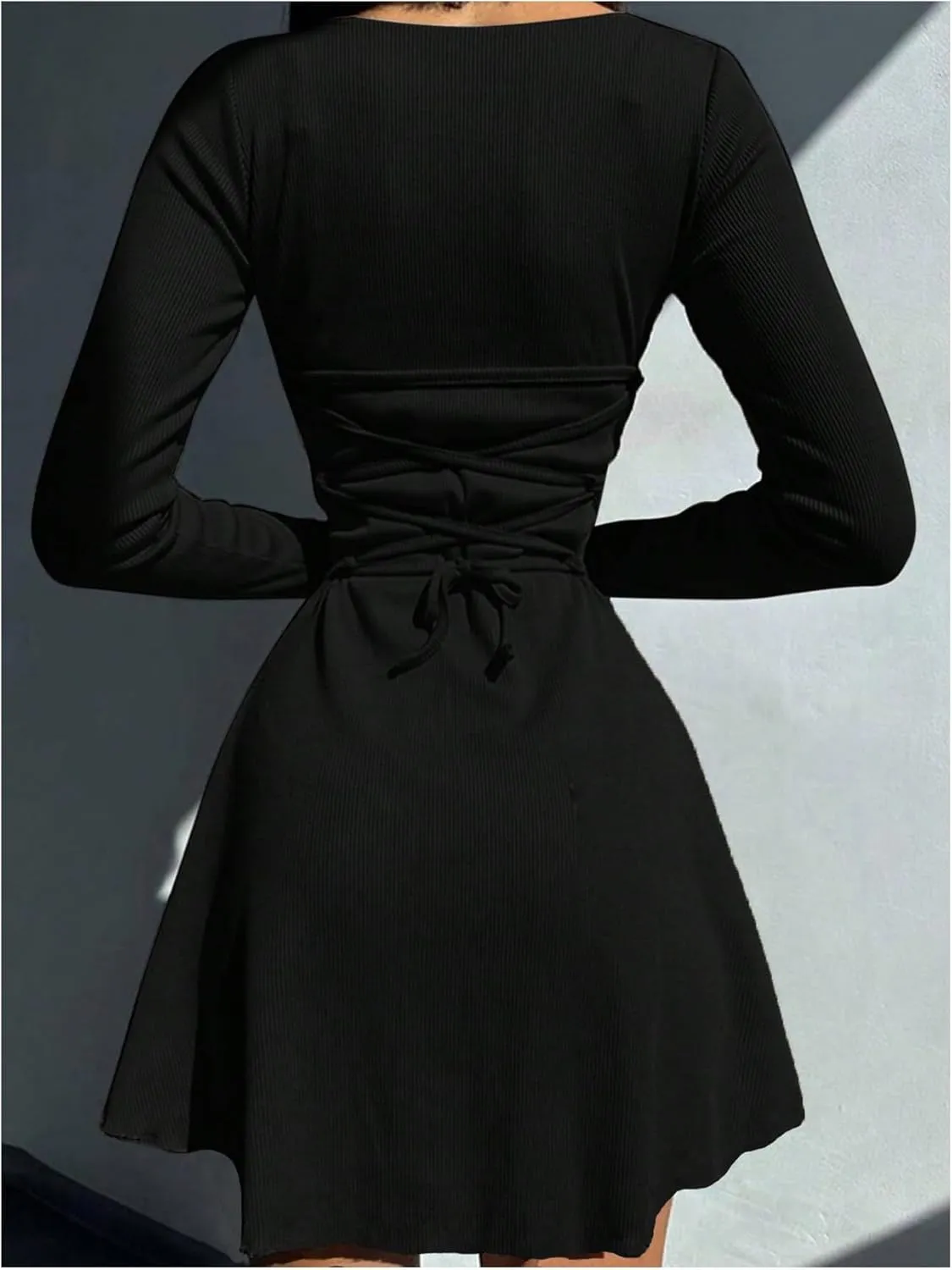 Women's Tie Back Knit Bodycon Mini Dress Long Sleeve Crew Neck Lettuce Trim Fall T Shirt Dresses