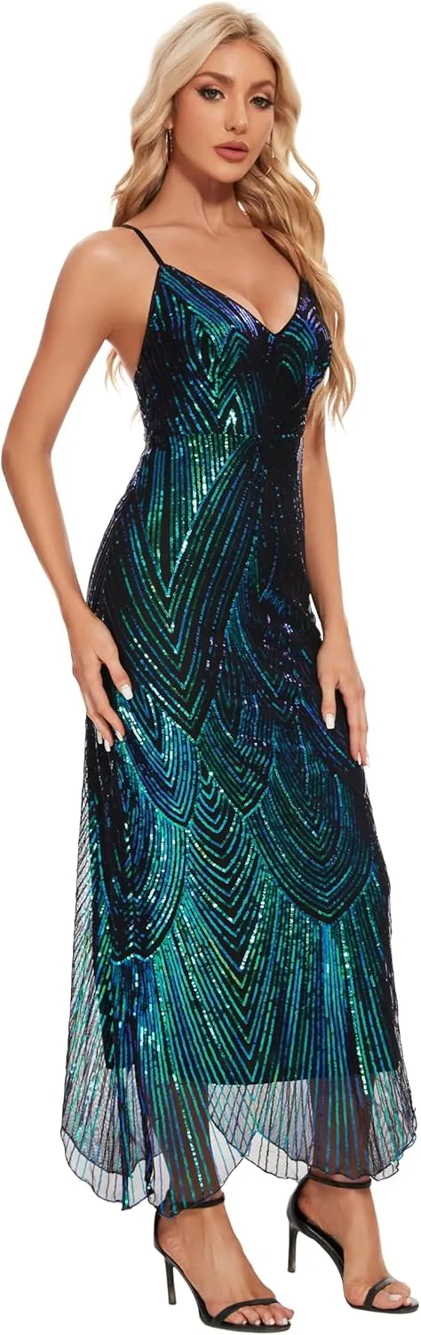 Women's V Neck Spaghetti Straps Sequin Sparkly Glitter Irregular Hem Prom Dress Bcakless Maxi Evening Gowns