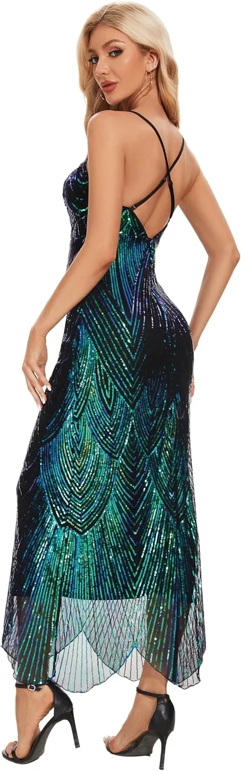 Women's V Neck Spaghetti Straps Sequin Sparkly Glitter Irregular Hem Prom Dress Bcakless Maxi Evening Gowns