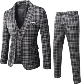 WULFUL Mens Slim Fit Suit One Button 3-Piece Blazer Dress Business Wedding Party Jacket Vest & Pant