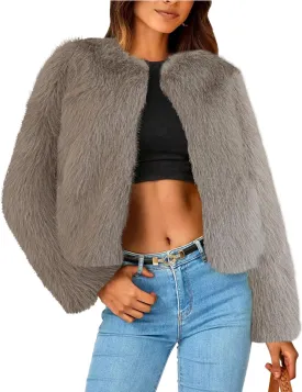 Wyeysyt Women's Cropped Faux Fur Jacket Winter Fashion Long Sleeve Open Front Cardigan Fluffy Shaggy Warm Short Coat