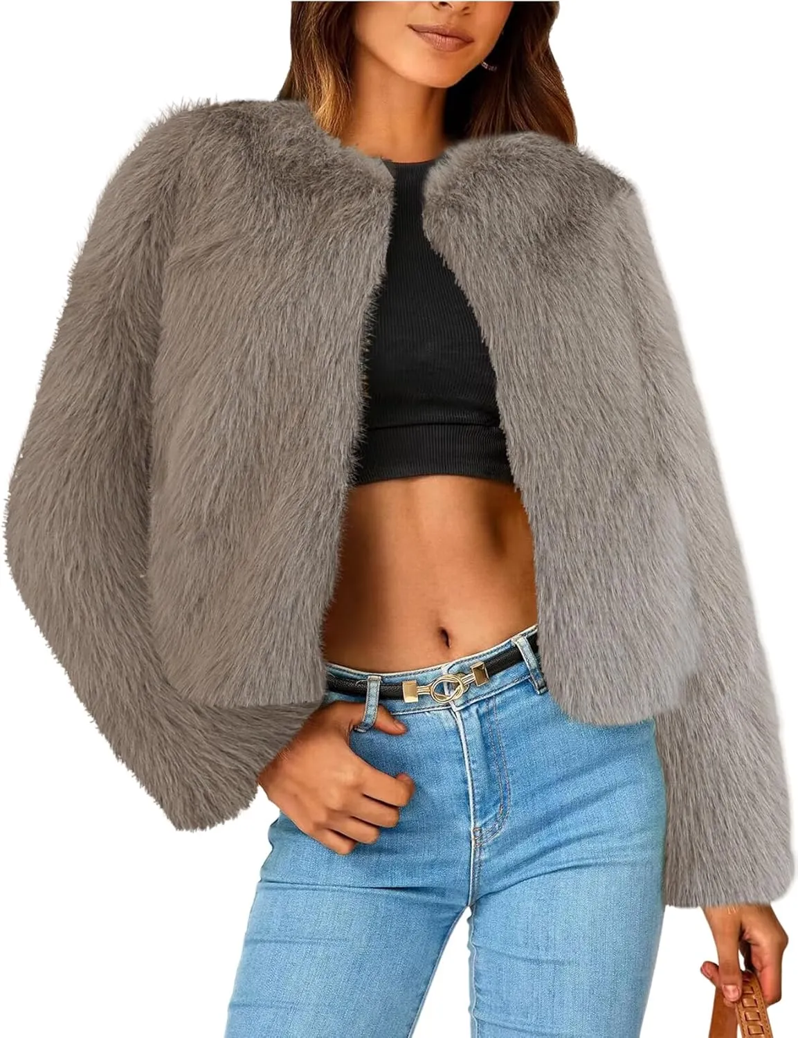 Wyeysyt Women's Cropped Faux Fur Jacket Winter Fashion Long Sleeve Open Front Cardigan Fluffy Shaggy Warm Short Coat