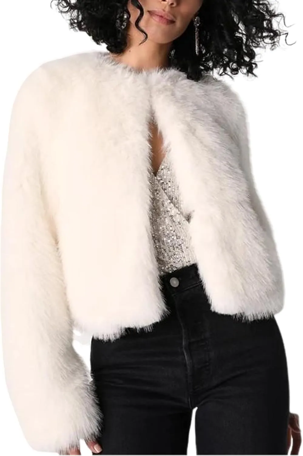 Wyeysyt Women's Cropped Faux Fur Jacket Winter Fashion Long Sleeve Open Front Cardigan Fluffy Shaggy Warm Short Coat