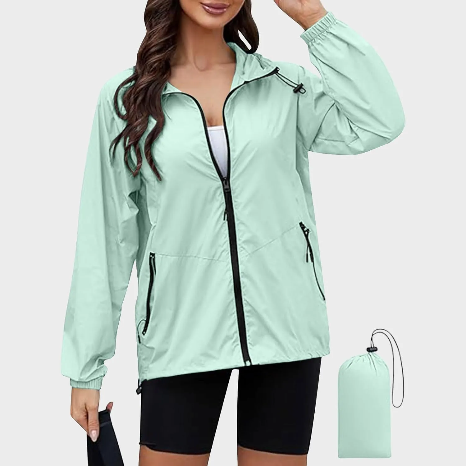 XUNRYAN Rain Jackets for Women Hooded Waterproof Packable Windbreaker Fall Outfits Sports Coat Outdoor Hiking Travel Jacket