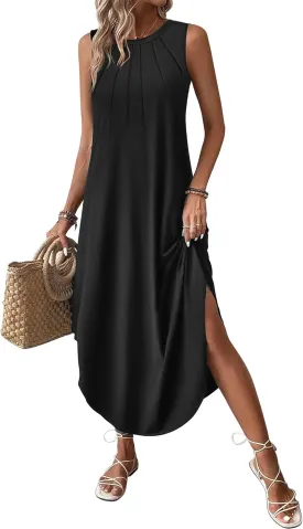 Zeagoo Women Floral Summer Dress Casual Beach Dress Printed Tank Dress with Pockets Pleated Front Long Dress