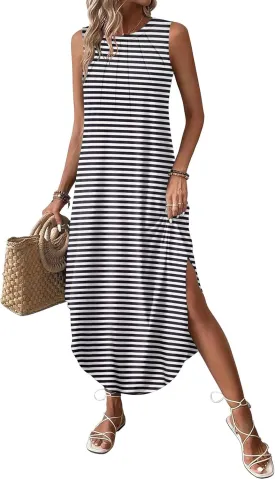 Zeagoo Women Floral Summer Dress Casual Beach Dress Printed Tank Dress with Pockets Pleated Front Long Dress