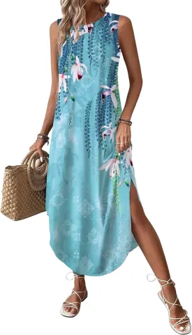 Zeagoo Women Floral Summer Dress Casual Beach Dress Printed Tank Dress with Pockets Pleated Front Long Dress